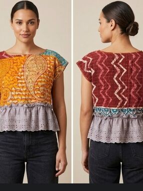 Upcycled Kantha Quilt Cropped Top XS-S Vtg Lace Dont Throw It Out